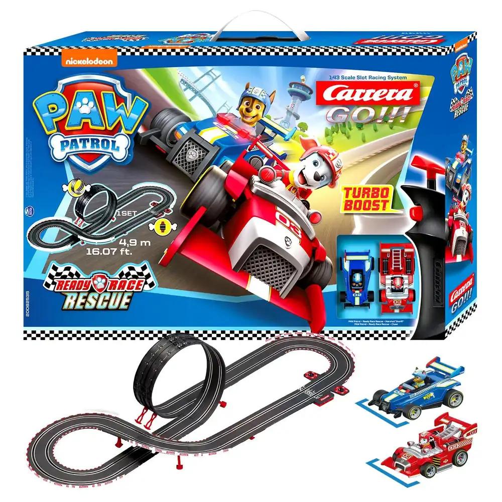 Carrera GO!!! PAW Patrol – Ready Race Rescue Komplekt | 2 Slotautot koos käsipultidega | Chase ja Marshall | 4,9 m rada koos ringilugeja ja silmusega | Skaala 1:43