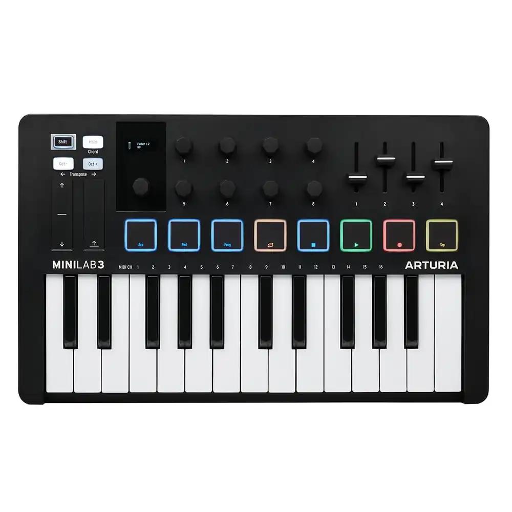 Arturia MiniLab 3 – Universaalne MIDI-kontroller muusika loomise jaoks, koos kõikehõlmava tarkvarapaketiga – 25 klahvi, 8 mitmevärvilist padi – Must