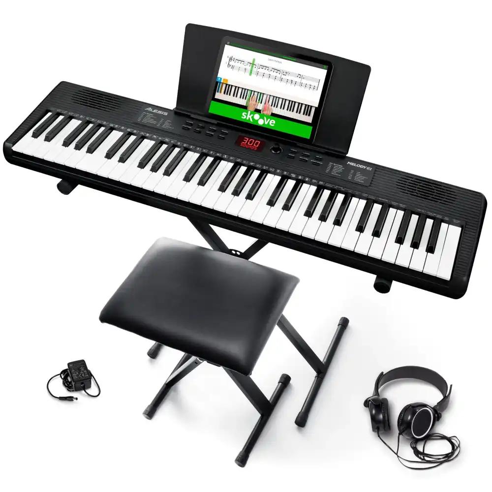Alesis Melody 61 Klaverisüntesaator algajatele – 61 klahvi, kõlarid, statiiv, iste, kõrvaklapid, noodihoidik, 300 heli ja õppetunnid