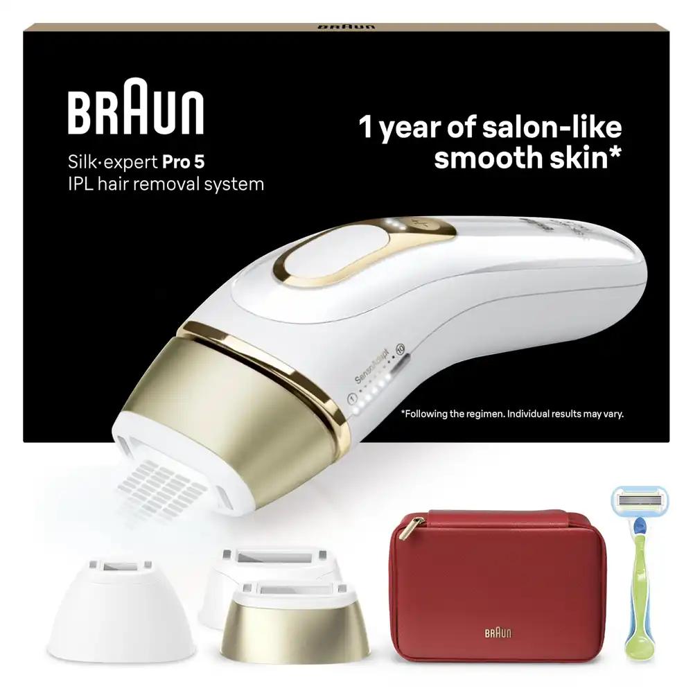 Braun IPL Silk Expert Pro 5 karvaeemaldusseade naistele, nähtav karvaeemaldus, disainitud Saksamaal, Venus raseerija, 3 kinnitust, alternatiiv laserepileerimisele, PL5262, valge/kuldne