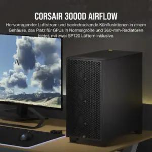 CORSAIR 3000D Airflow keskklassi PC-korpus – 3-Pin ventilaatorid – Nelja pesa GPU tugi – Toetab kuni 8x 120mm ventilaatorit – Kõrge õhuvoolu disain – Must