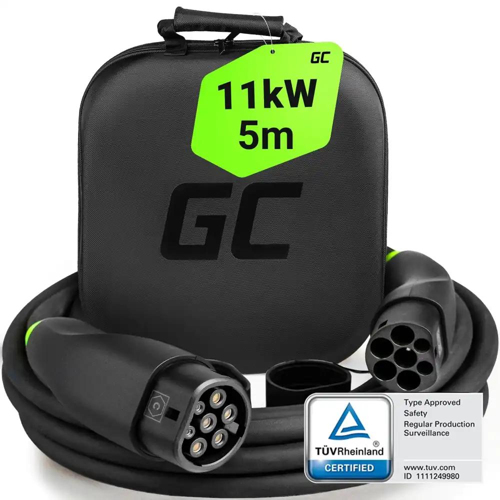 Green Cell GC Snap Tüüp 2 Laadimiskaabel 11kW 5m 16A EV Elektriautodele – Tüüp 2 kuni Tüüp 2, 3-faasiline, TÜV-sertifikaadiga, sobib Model Y, 3, S, X, ID.3, ID.4, Q4 e-tron, i4, iX1, 500e, Enyaq, EV6, EQA – kaasas Premium kohver