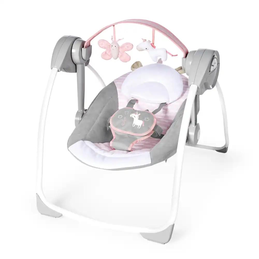 Ingenuity kaasaskantav beebikiik ja -lamamistool, Flora the Unicorn – 6 kiikumiskiirust, 3 ajastusrežiimi, 12 rahustavat meloodiat, vastsündinutele 0–9 kuud, max 9 kg, roosa