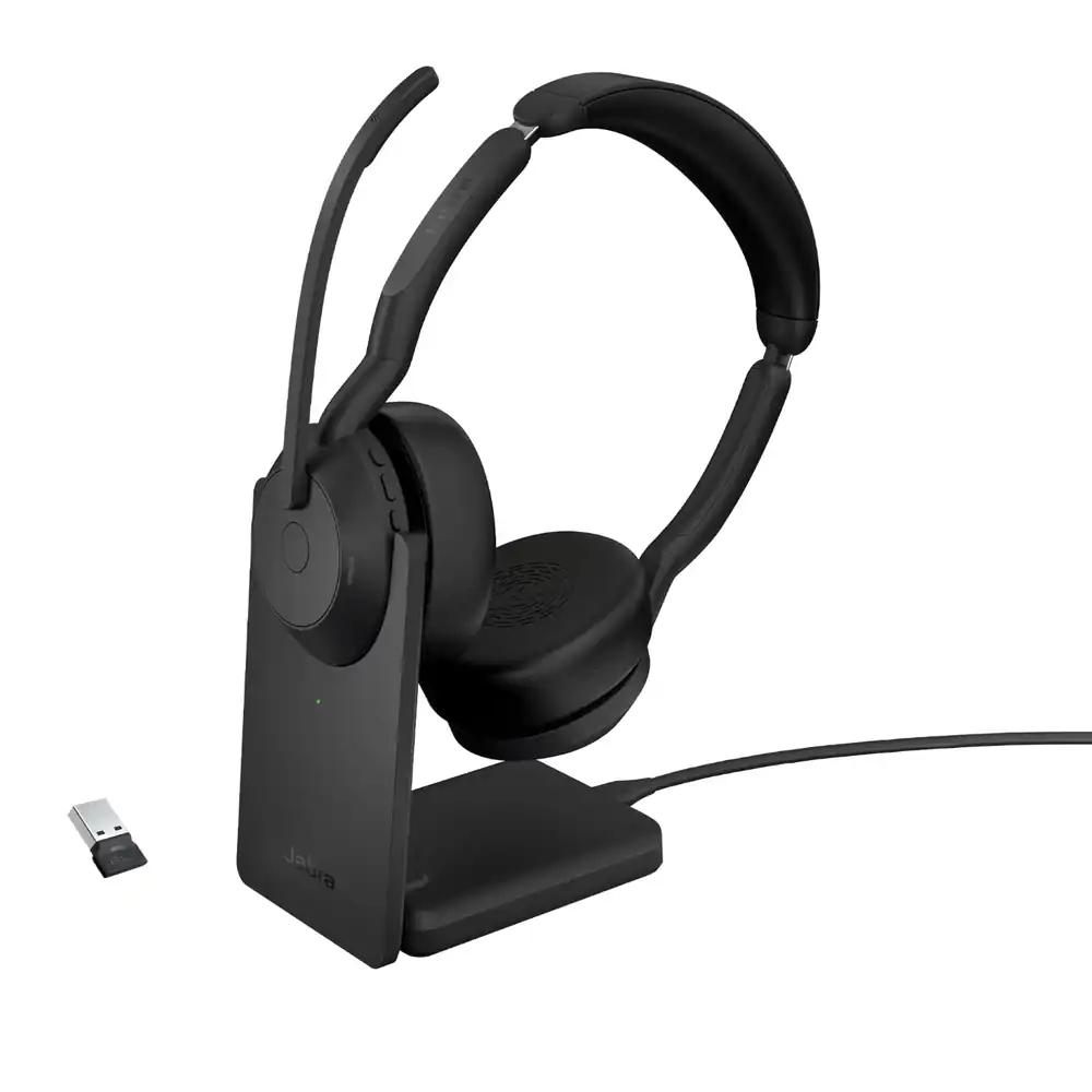 Jabra Evolve2 55 – juhtmevaba stereo-peakomplekt laadimisjaamaga Air Comfort – mürasummutusega mikrofonid & ANC – ühilduv kõikide UC-platvormidega nagu Zoom ja Google Meet – must