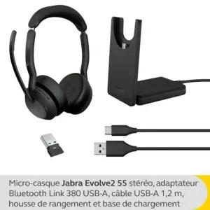 Jabra Evolve2 55 – juhtmevaba stereo-peakomplekt laadimisjaamaga Air Comfort – mürasummutusega mikrofonid & ANC – ühilduv kõikide UC-platvormidega nagu Zoom ja Google Meet – must