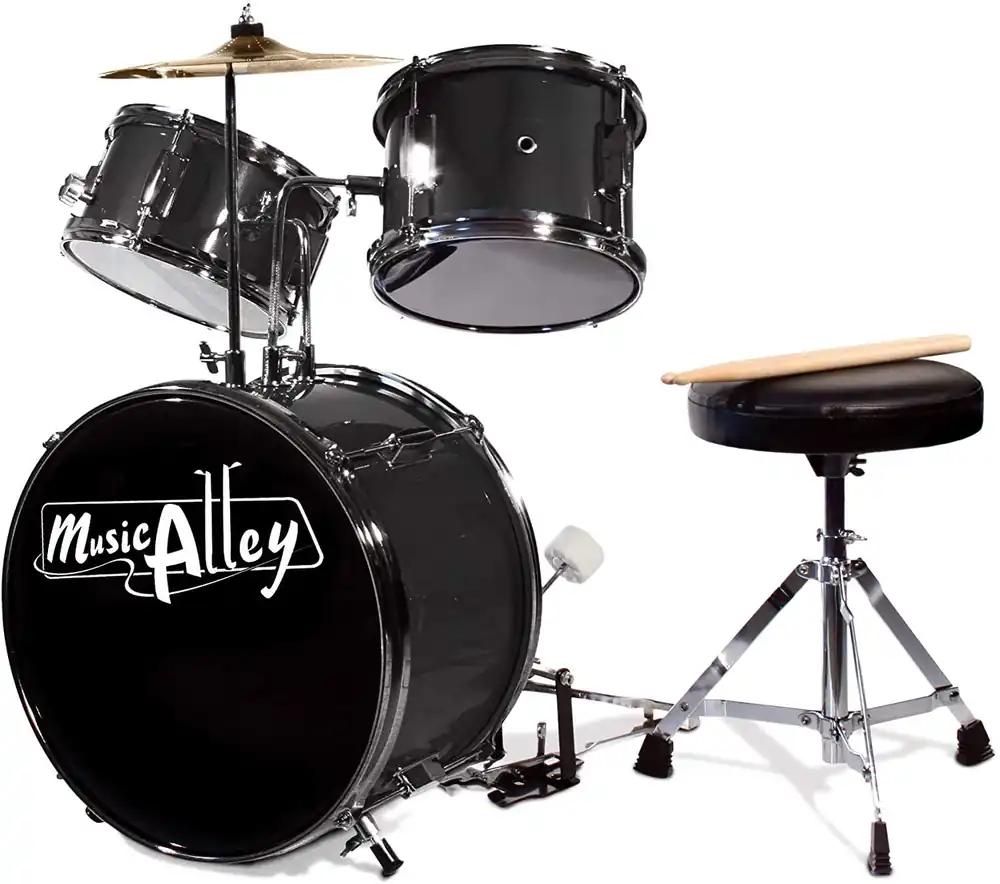 Music Alley lastetrummide komplekt pedaali, trummipingi ja trummipulkadega – Must