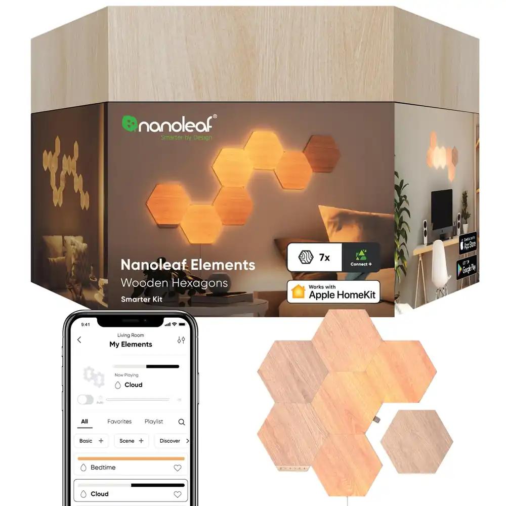 Nanoleaf Elements Hexagon Starter Kit, 7 nutika puidust LED-paneeli – modulaarne hämardatav WiFi-seinavalgusti siseruumides, muusikaga sünkroniseerimine, töötab Alexaga, Google’i ja Apple’iga, dekoratsioon elutuppa, magamistuppa, kontorisse