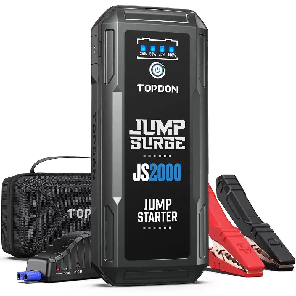 TOPDON Starthilfe Powerbank, JS2000 käivitusabi aku 2000A, auto booster pakett kuni 8L bensiin & 6L diiselmootoritele, kaasaskantav akutõstuk stardikaablitega, EVA-kott ja LED, 16000mAh