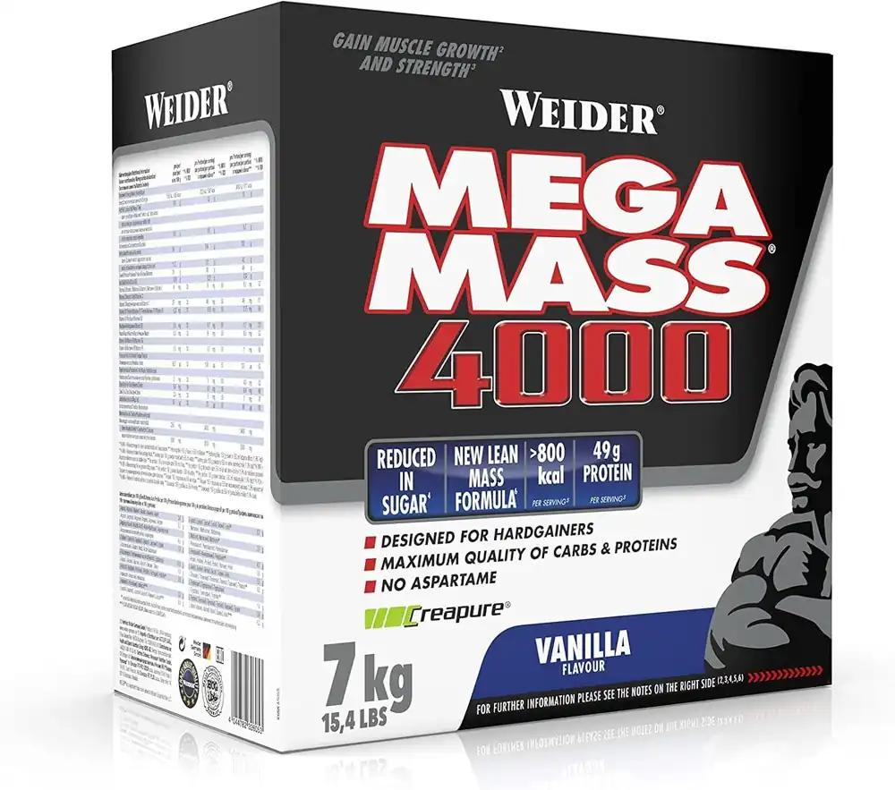 Weider Mega Mass 4000 – Kaalutõusu Pulber 48g Valgu & Kreatiiniga Portsjoni Kohta – Lihaskasvuks & Kõrge Kaloraažiga – 7kg – Vanilje