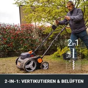 WORX Nitro akuga muruluud & õhustaja WG855E.9 – kuni 400 m² – 36 cm töölaius – harjadeta mootor – 4-astmeline kõrguse reguleerimine – 40L kogumiskott – ilma aku ja laadijata
