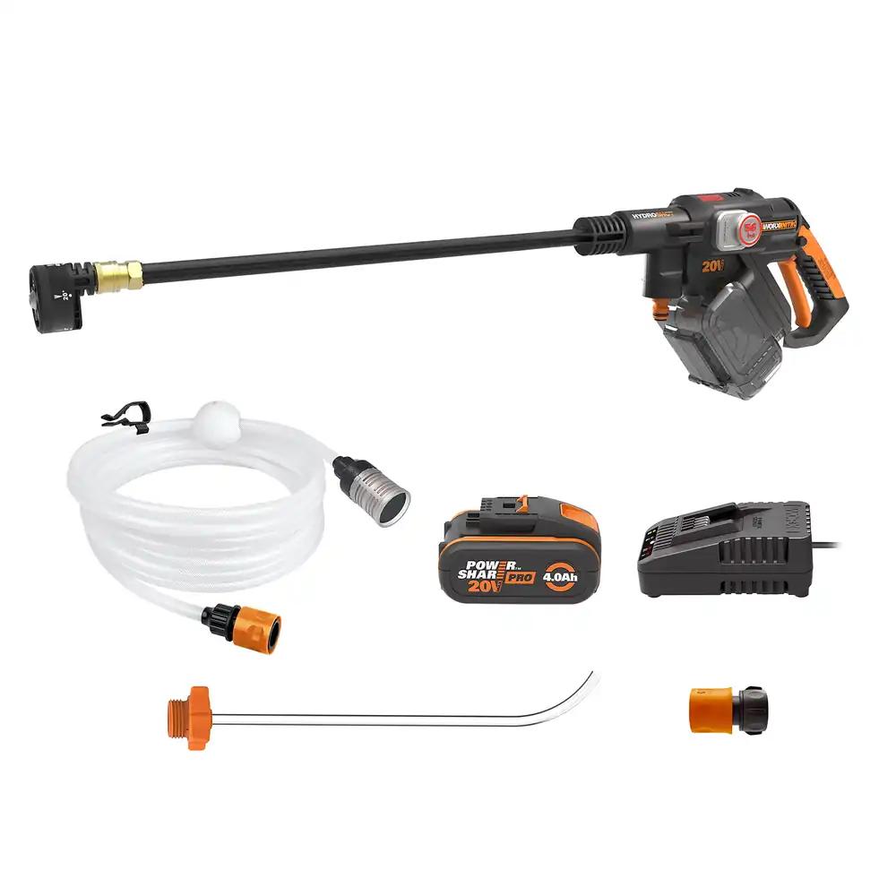 WORX WG633E Hydroshot akuga kõrgsurvepesur 20V – 56 Bar maksimaalne rõhk – multifunktsionaalne puhastamiseks ja kastmiseks – võimas harjadeta mootor – 5-ühes surveotsik – sisaldab 4Ah akut ja laadijat
