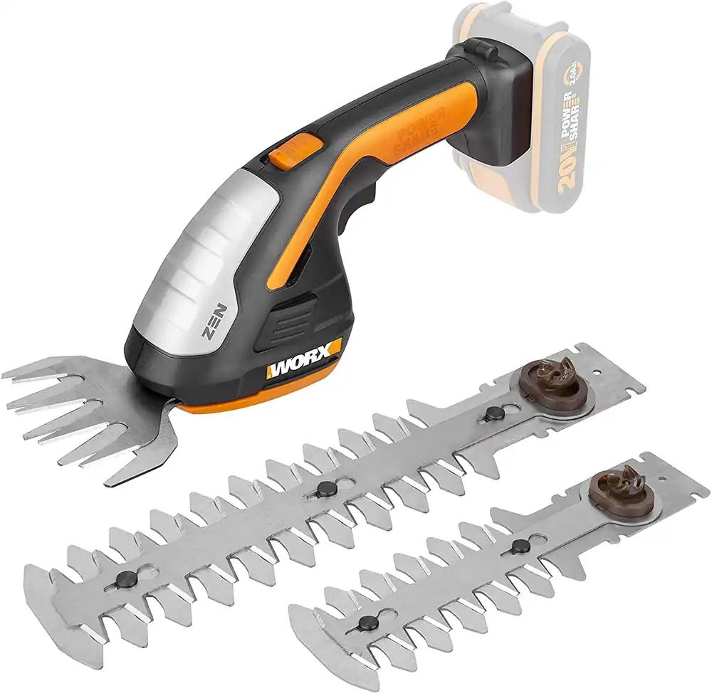 WORX WG801E.9 – Akuga rohu- ja põõsaskäärid 20V PowerShare, 3-ühes lõikur erinevate teradega – 20 cm käärid, 12 cm põõsalõikur, 10 cm murutera – ilma aku ja laadijata