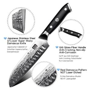 SHAN ZU santoku tera damaskuse muster ja G10 käepide lähivaates