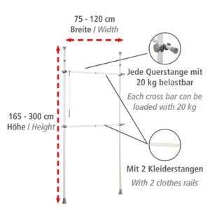 WENKO garderoobisüsteem: laius 75–120 cm, kõrgus 165–300 cm, stange kannab 20 kg