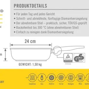 WOLL Diamond Lite panni mõõdud: Ø 24 cm, kõrgus 7 cm, kaal 1,5 kg
