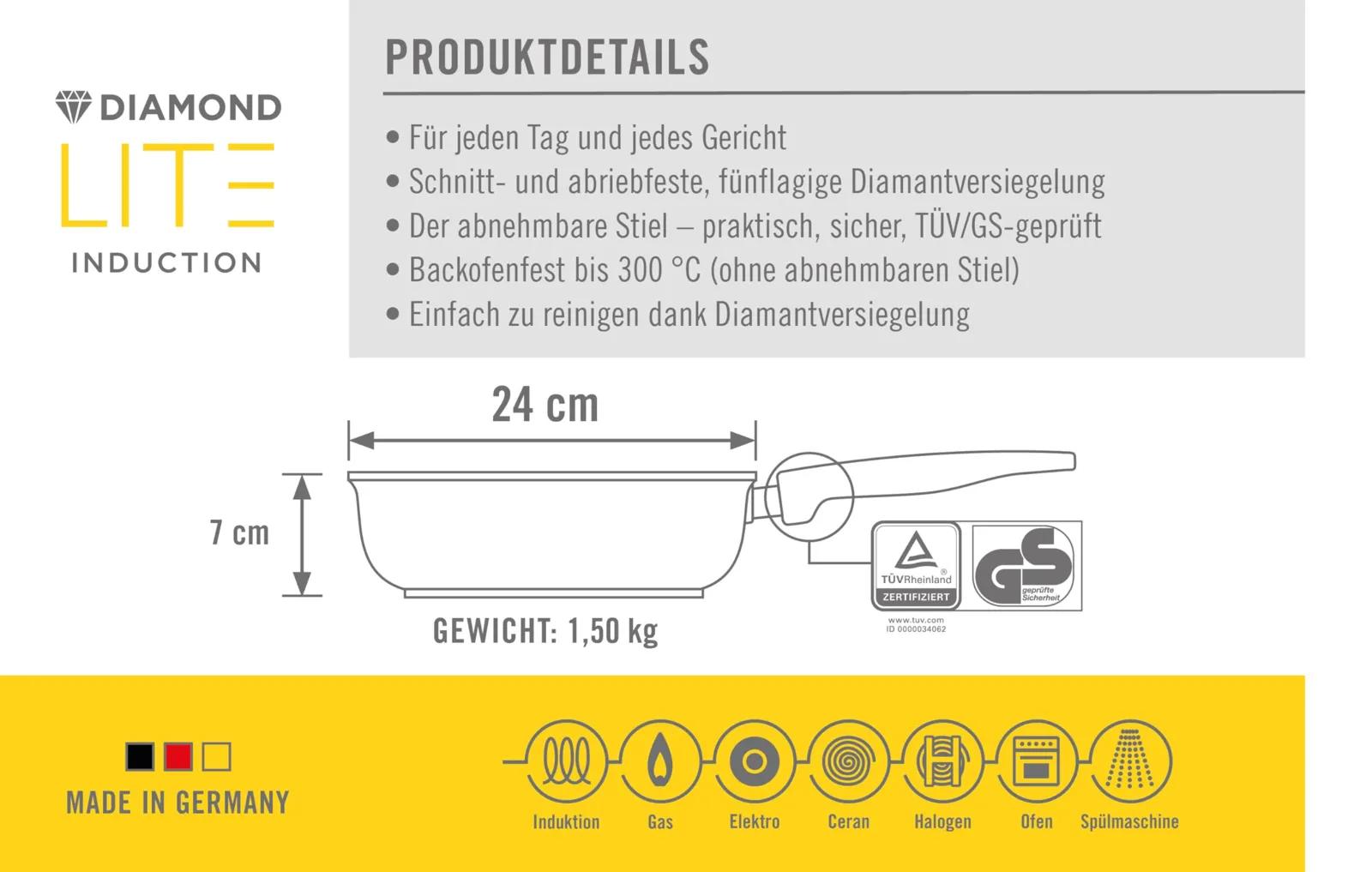 WOLL Diamond Lite panni mõõdud: Ø 24 cm, kõrgus 7 cm, kaal 1,5 kg