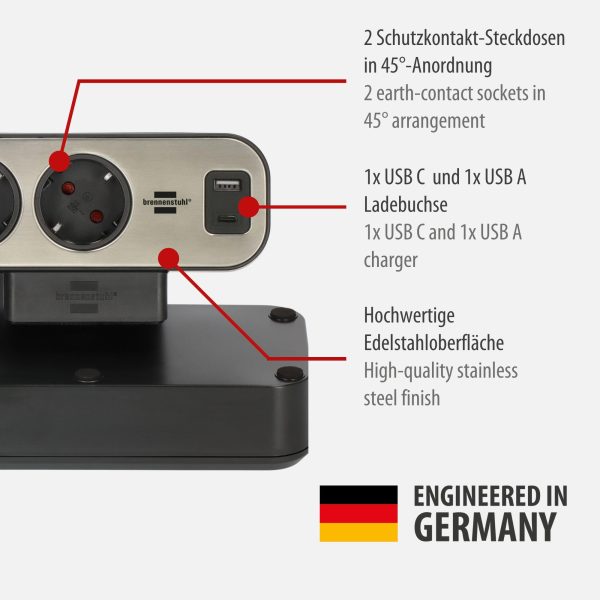 brennenstuhl®estilo Duplex lauaarvuti pistikupesade jaotur lüliti ja ülepinge kaitsega (pistikupesade jaotur USB C Power Delivery